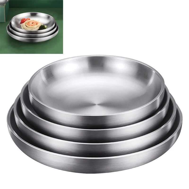 

Stainless Steel Double layer Anti Hot Round Dinner Plate Dessert Feeding Serving Dishware Camping Salad Tableware