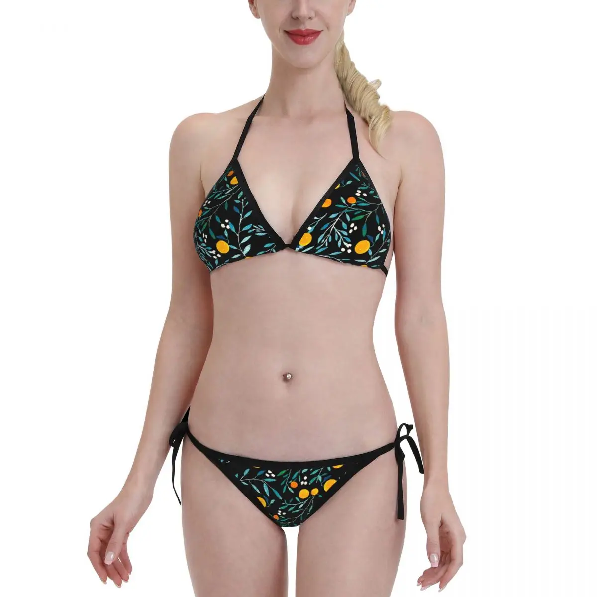 

2022 Women Fruit Sexy Bikini Sets Swimsuit Oranges Flower Green Leaves Beachwear Set Push Up Bathing Suit