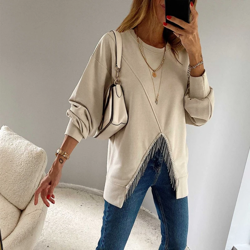 

Fashion Solid Split High Street Sweatshirt New 2023 Autumn Tassel Patchwork Hoodie Top Women's O-Neck Long Sleeve Loose Pullover
