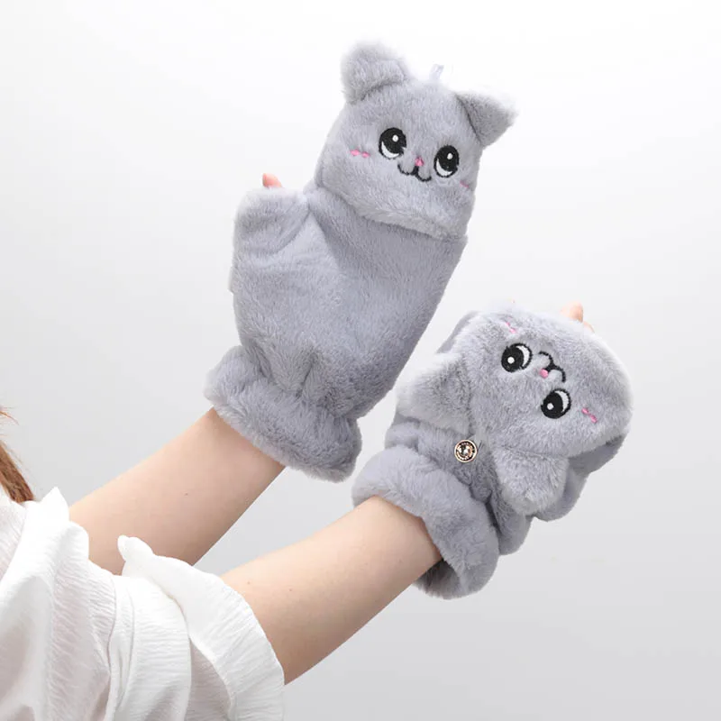 Cute Girl Winter Plush Mittens Fingerless Cat Kawaii Gloves Plush Warm Thick Soft Glove  Women Flexible Half Finger Gloves