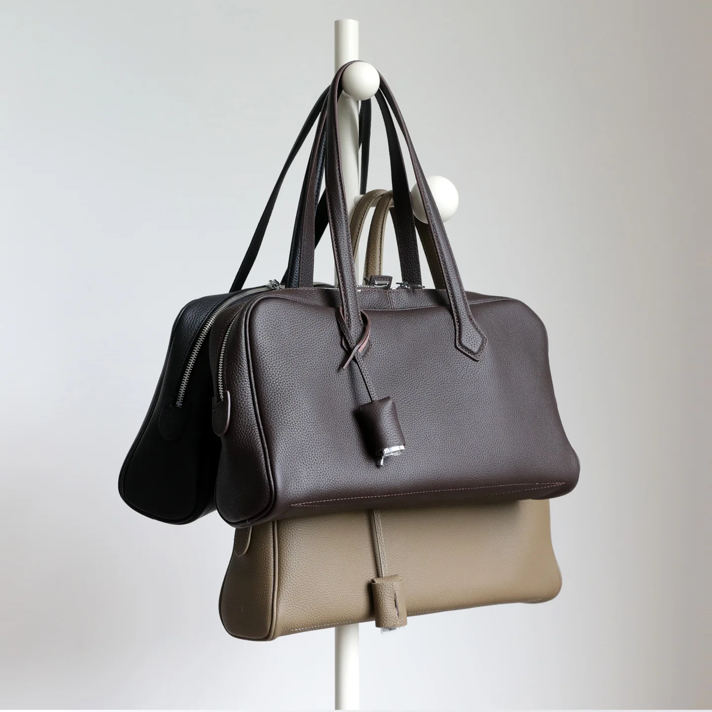 Top Layer Cowhide Leather Boston Bowling Bag Large Capacity Women's Tote Genuine Leather Underarm Bag Urban Minimalist Style