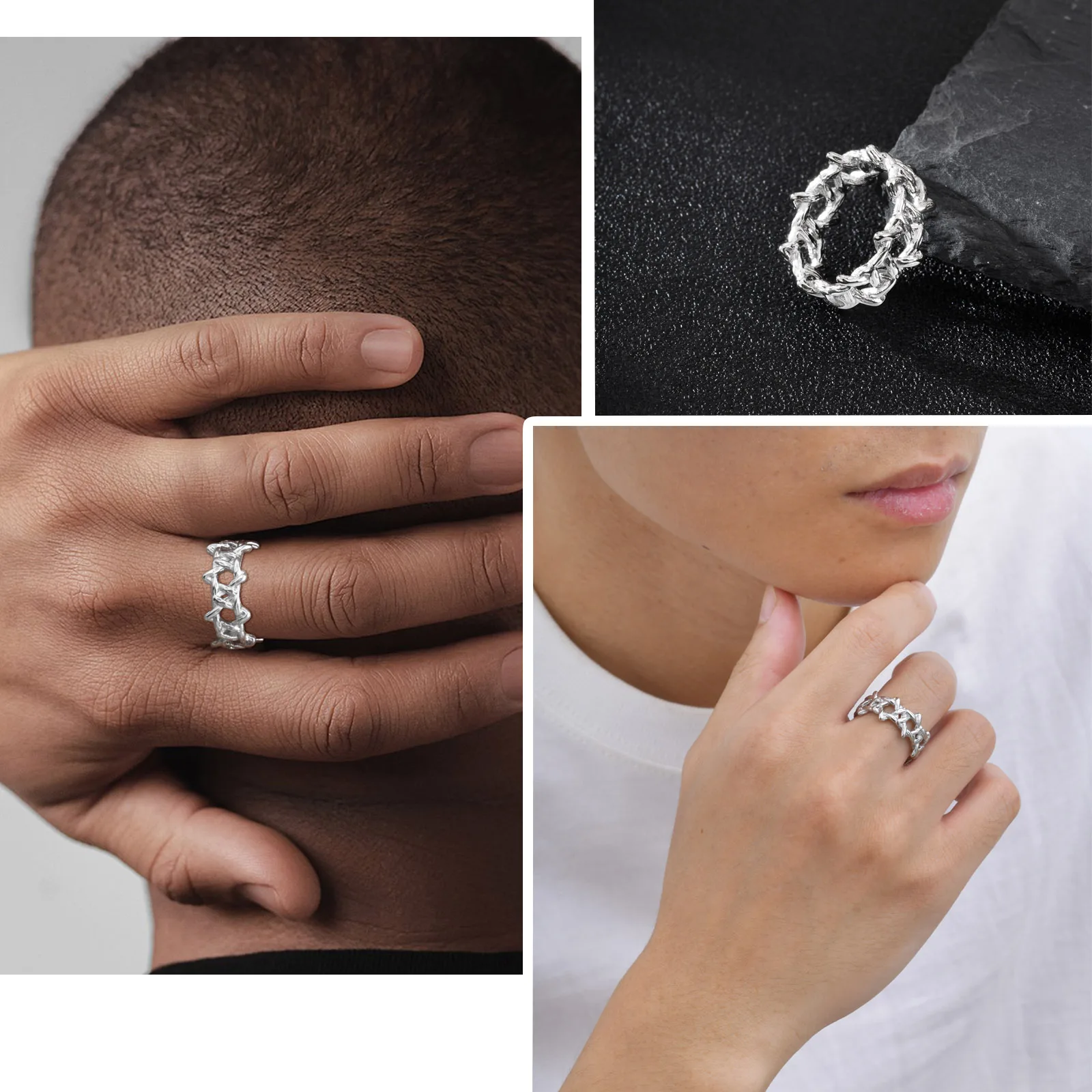 Persönlichkeit Edelstahl Unregelmäßige Dornen Ring für Männer, Retro Punk Textur Sechszackigen Stern Ring, Geometrische Hip-hop Schmuck – Detail 4