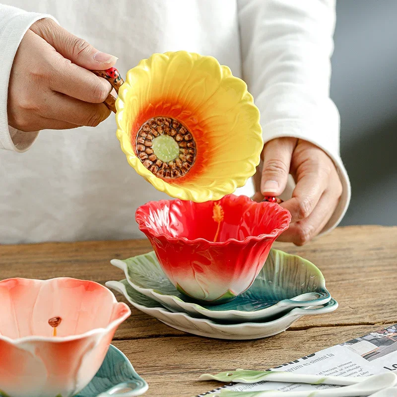 

Creative 3D Hand-painted Fuchsias Sunflowers Monarchs Enamel Ceramic Coffee Tea Set Afternoon Tea Milk Tea Cup Plate Saucer