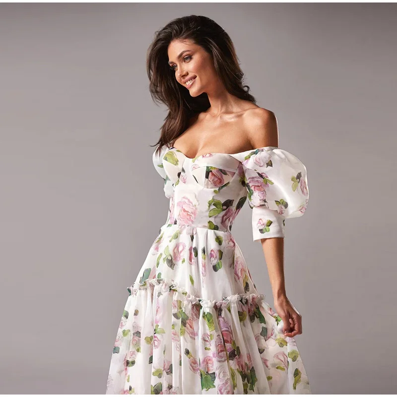 Elegante Gedruckt Puffy Sleeve Langes Kleid Frauen Retro Quadrat Kragen Zurück Spitze Up Plissee Party Kleider Dame 2025, Sommer Chic Roben – Detail 2