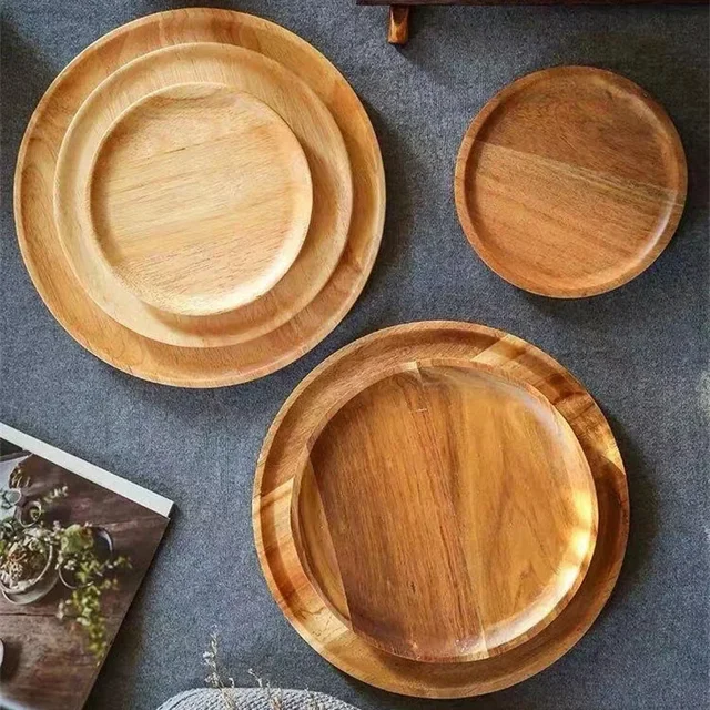 Retro Wooden round Serving Platter Tray Eco-Friendly Wood Plate Multi-Size for Pizza Salad Fruit Dessert Bread Cake Snack 2