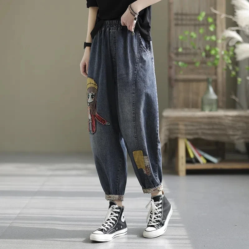 Autumn Retro Embroidered Cartoon Girl Denim Trousers Women's Fashion Streetwear High Waist Patchwork Trousers Christmas Jeans