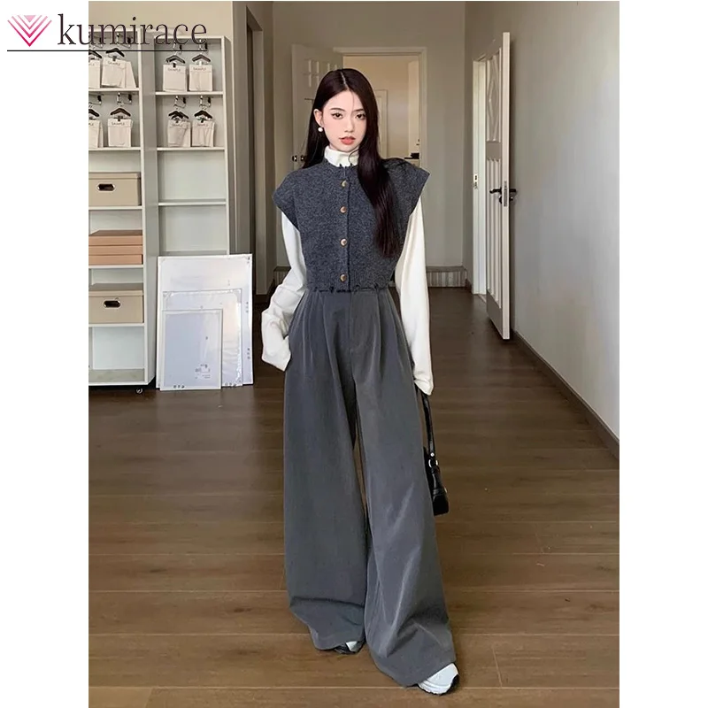 Spring and Autumn 2024 New Product Leisure Fashion Hong Kong Style High Grade Vest Top Wide Leg Pants Three Piece Set
