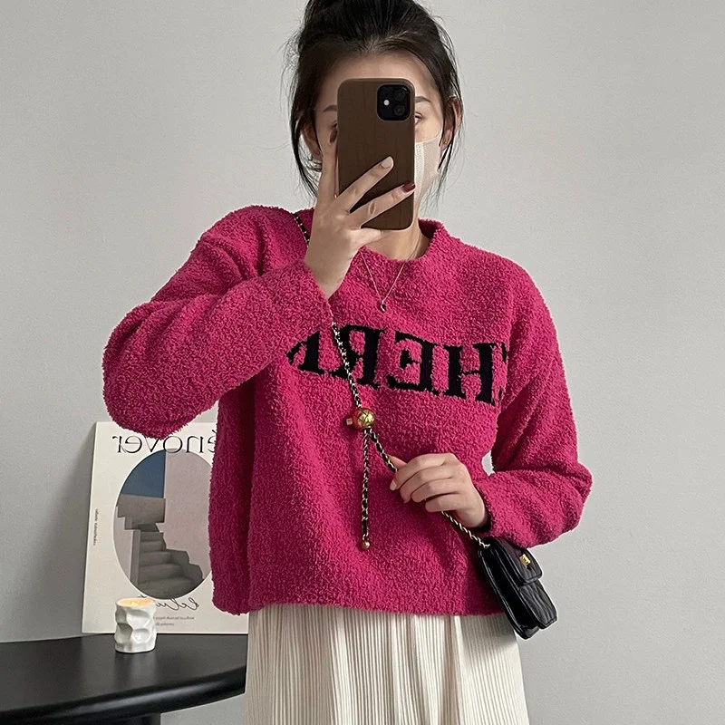 

Cropped Sweater Plush Soft Warm Sweaters for Women Autumn Winter O-neck Loose Pullover Tops Simple Knitted Girls Sweater