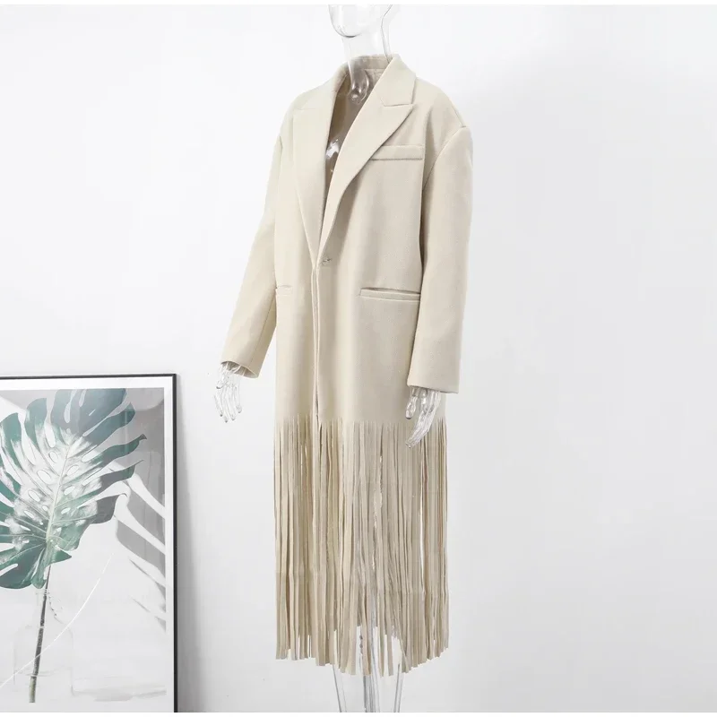 Abrigo largo de lana con borlas para mujer, chaqueta holgada de manga larga con solapa y botonadura sencilla, color marrón, primavera 2025