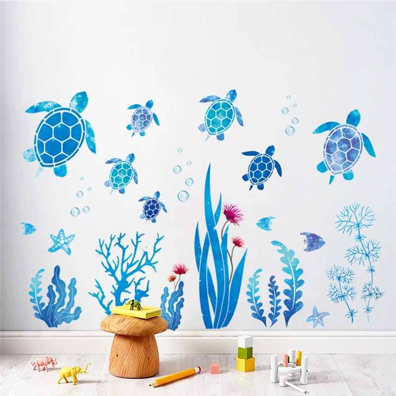 Underwater World Turtle Coral Fish School Creative Personalized Home Decoration Living Room Background Wall Sticker 28.5x90cm