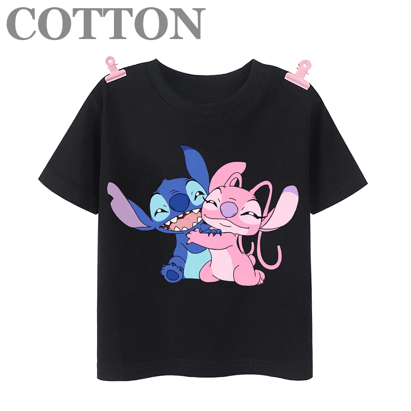 thumbnail image 1 of Camiseta de algodón con cuello redondo y manga corta para niños y bebés, diseño de dibujos animados de Disney Stitch, anime, moda de verano, 1 of 4