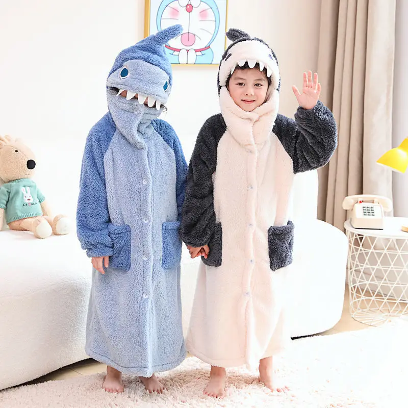 Fashion Boys Girls Winter Pajamas Hooded Cartoon Bathrobe Flannel Robe Set Kids Children Sleepwear Coral Velvet Home Clothes