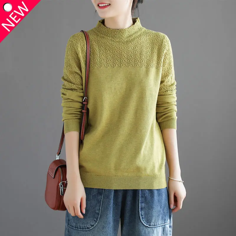 Fashionable Versatile Sweater Women's Top Autumn and Winter New Hollow Out Solid Color Half High Neck Long Sleeve Pullover