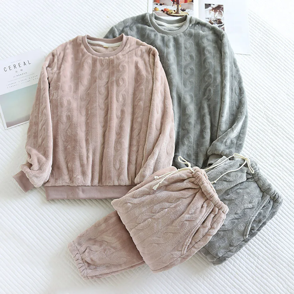 

Парные пижамные комплекты на осень и зиму коралловый бархатный плотный теплый однотонный пуловер домашняя одежда для сна брюки с длинным рукавом Повседневная мужская женская пижама