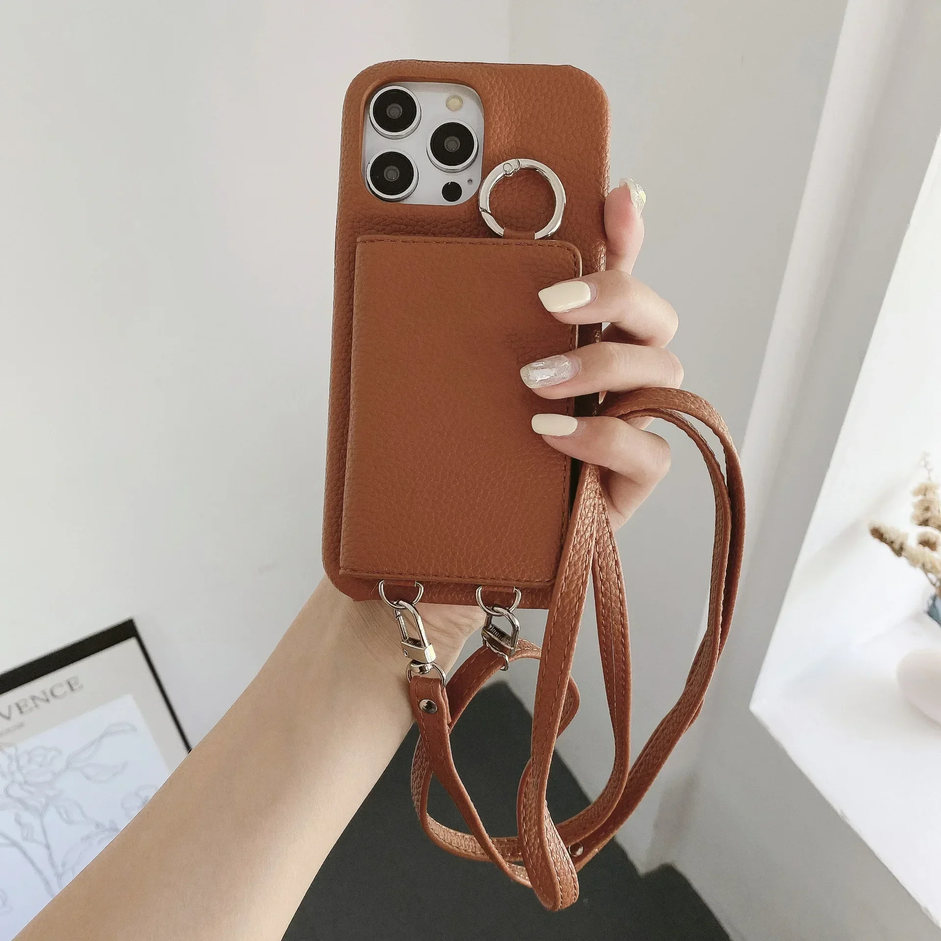 Leather Crossbody Wallet Case with Ring Holder and Mirror - Card Slot Design