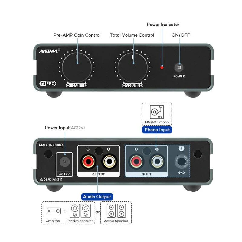 AIYIMA TUBE-T3 6J2 Buis HiFi MM Phono Voorversterker voor Draaitafel Voorversterker met Gain Stereo Audio voor Phono Audiofile met DC 12V Power Adapter