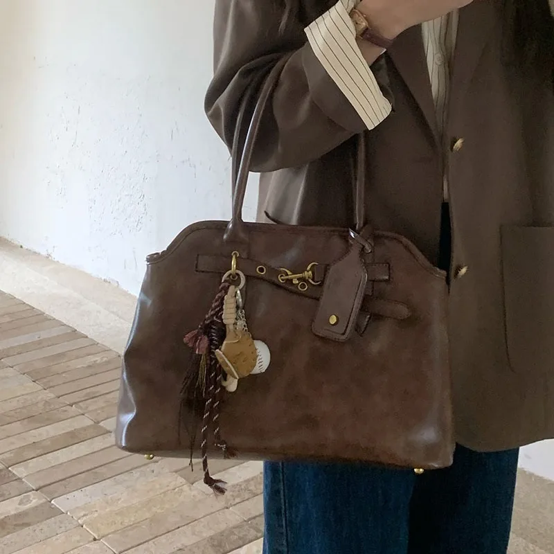 PU Leather Commuter Fashion Vintage Casual Tote Bag Maillard Stylish Crossbody Bags for Women Texture Large Capacity Temperament