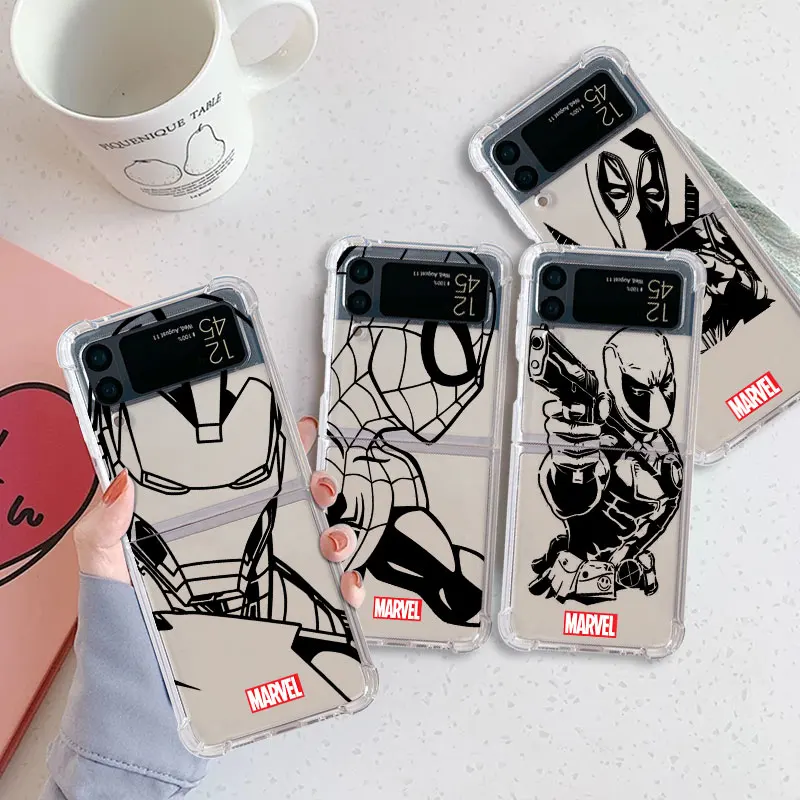 Marvel Iron Man Spiderman Case Per Samsung Galaxy Z Flip 4 3 5 5G Funda Z Flip4 Clear Pc Hard Luxury Back Phone Coque