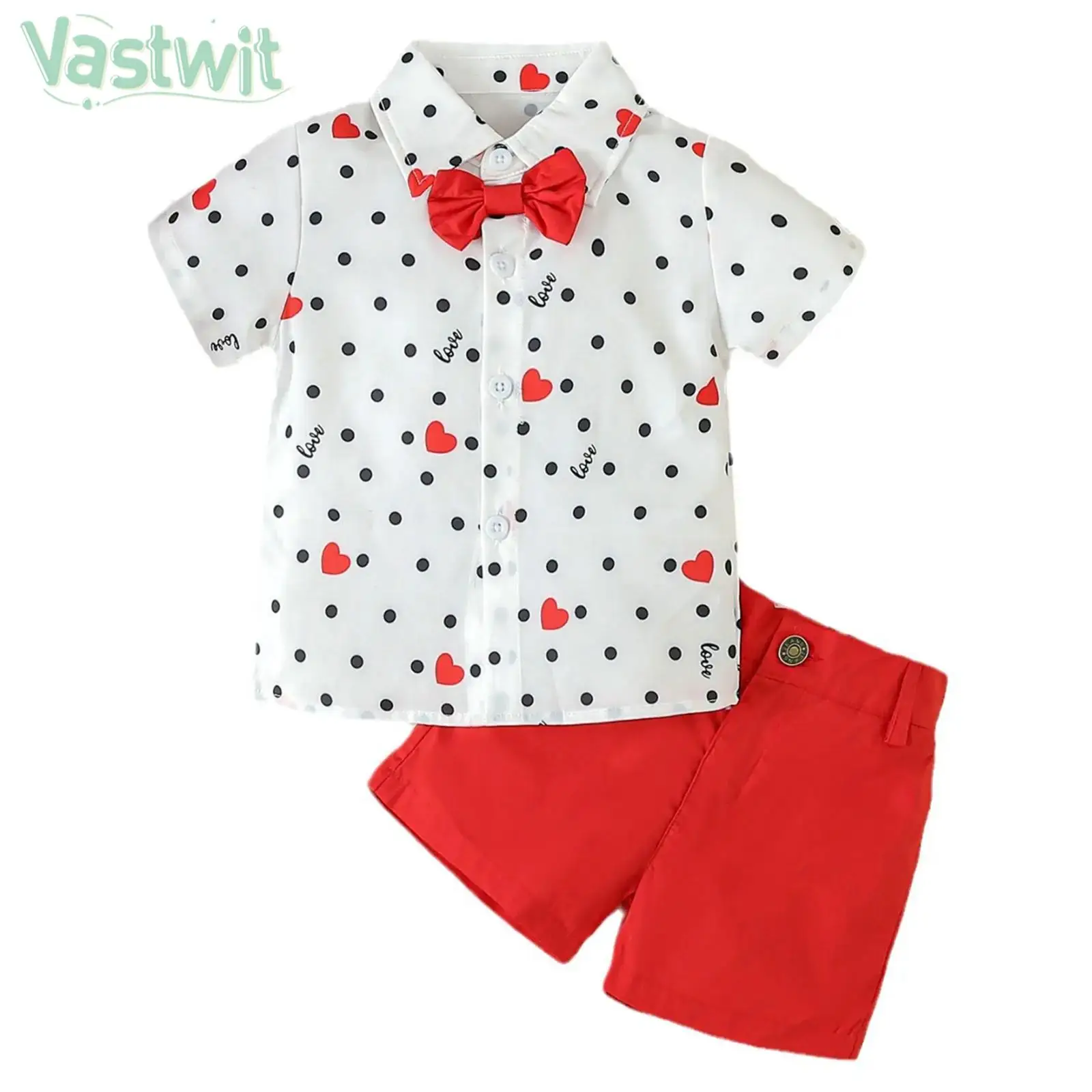 

Toddler Boys Valentines Day Outfit Birthday Wedding Party Photography Gentleman Suit Short Sleeve Bowtie Shirt Top with Shorts