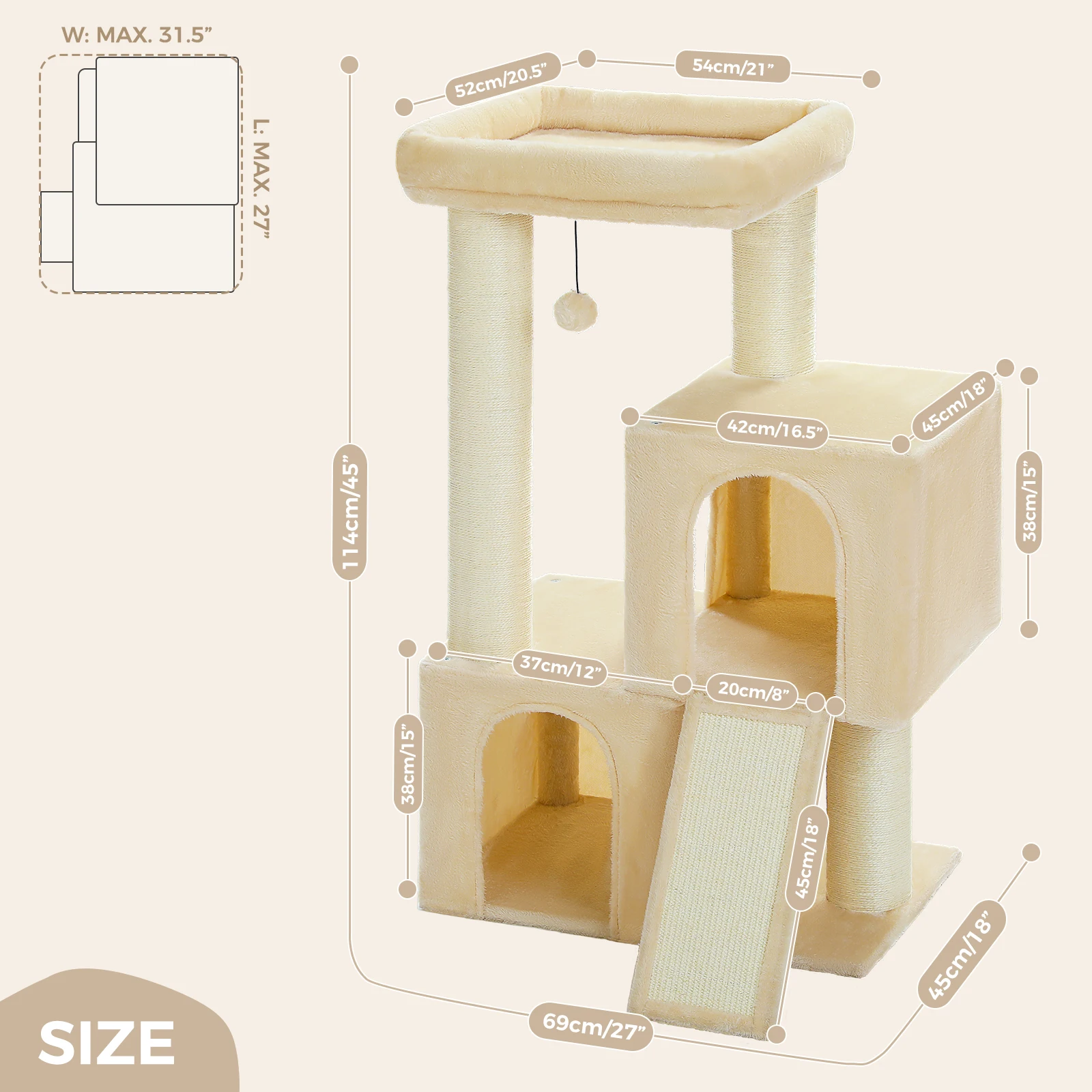 Großer Katzenbaum mit Dicken Kratzpfosten und Sisal-Kratzrampe Geräumiges Katzen-Condo Robuster Katzenturm für Indoor-Katzenspielzeug – Detail 1