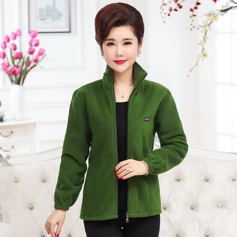Mom Outfit Spring and Autumn New Stand Collar Tops Solid Color Zipper Splicing Pockets Loose and Casual Warm Long Sleeves Coat