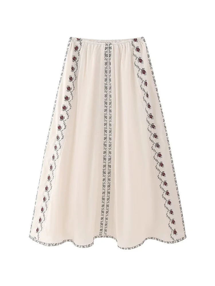 

YENKYE 2023 Women Vintage Elastic Midi Waist Long Embroidery Skirt Female A-line Holiday Summer Skirts