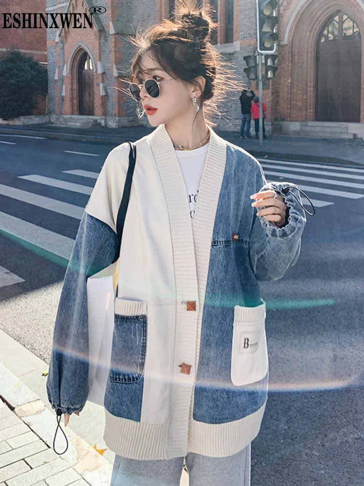 

Eshin Patchwork Color Contrast Denim Coat Women's 2023 Autumn Korean Version Loose Small Knitting Cardigan Tops Wear TH1518