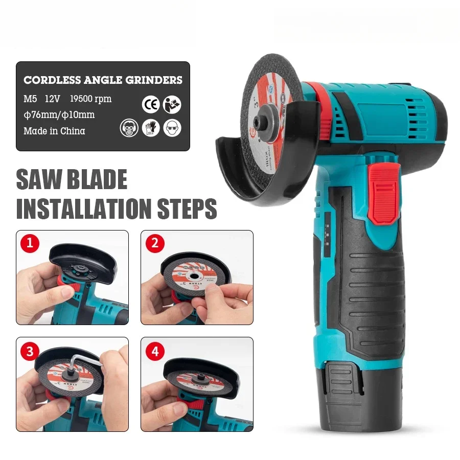 12V 3 Inch Lithium Electric Mini Angle Grinder Handheld Cutting Tool Durable Functional for Home Polishing Grinding