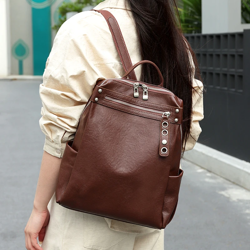 Women Natural Cow Leather Backpacks Lady Cowhide Design Large Capacity Bags Female Retro Versatile Backpacks Ladies Fashion Bag