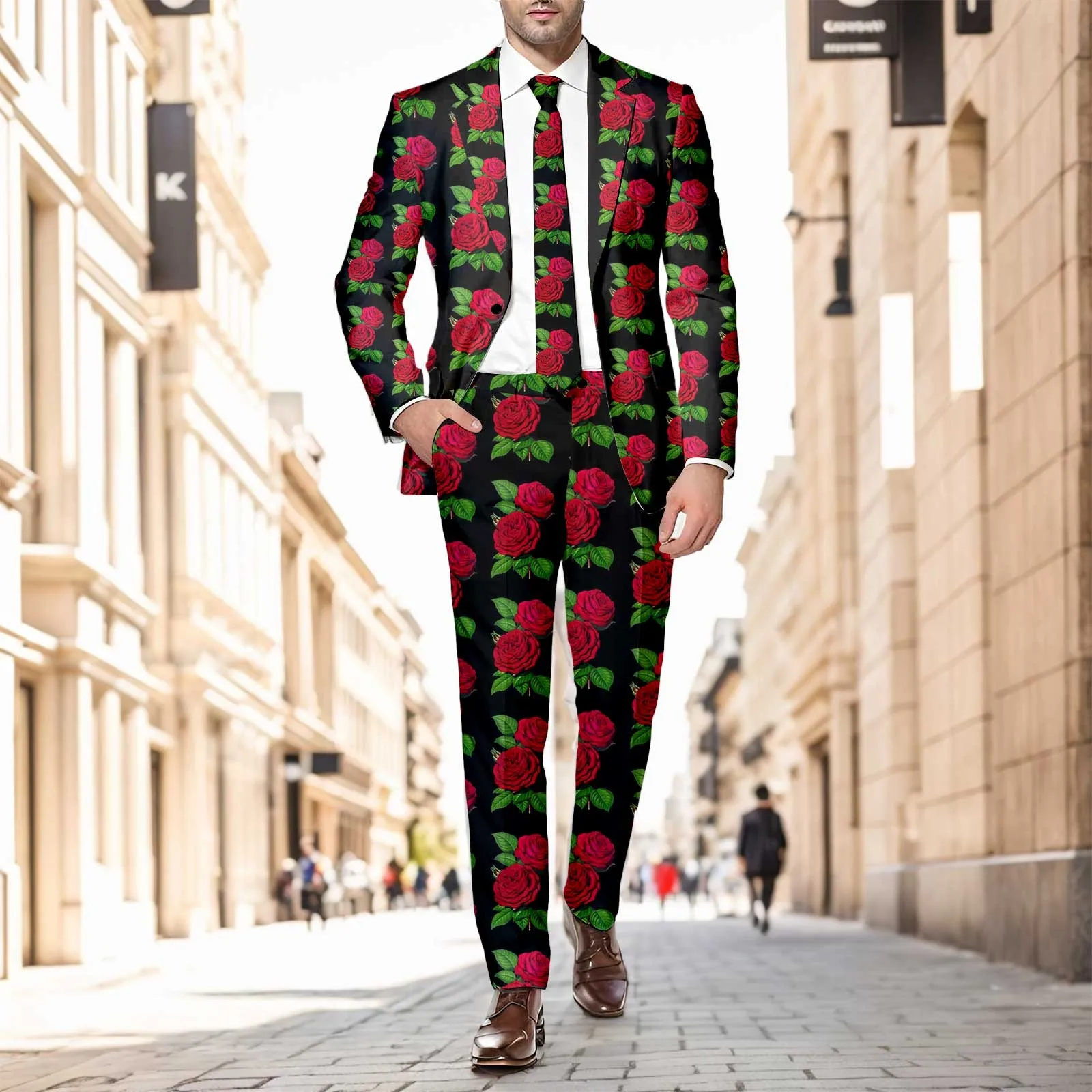 Men Blazer Pants Red Love Heart Print Slim Fit One Button Pockets Suit Set Men Clothes Business Suit Jacket Trousers Outfit