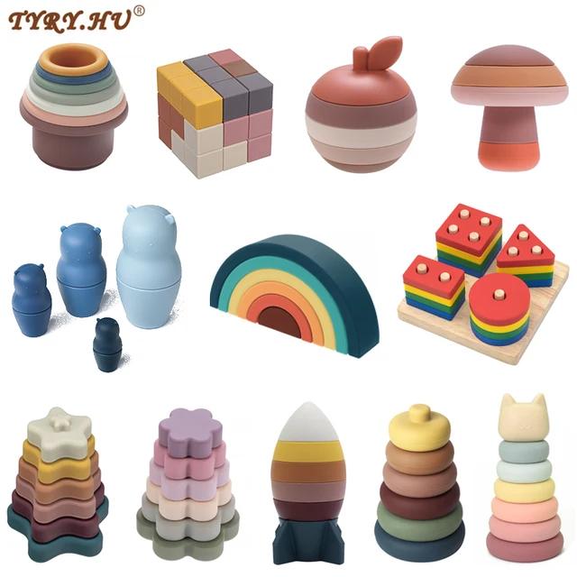 1Set Soft Building Blocks Silicone Stacking Blocks Baby Toy Round Shape Silicone Construction Toy Rubber Teethers Montessori Toy 1