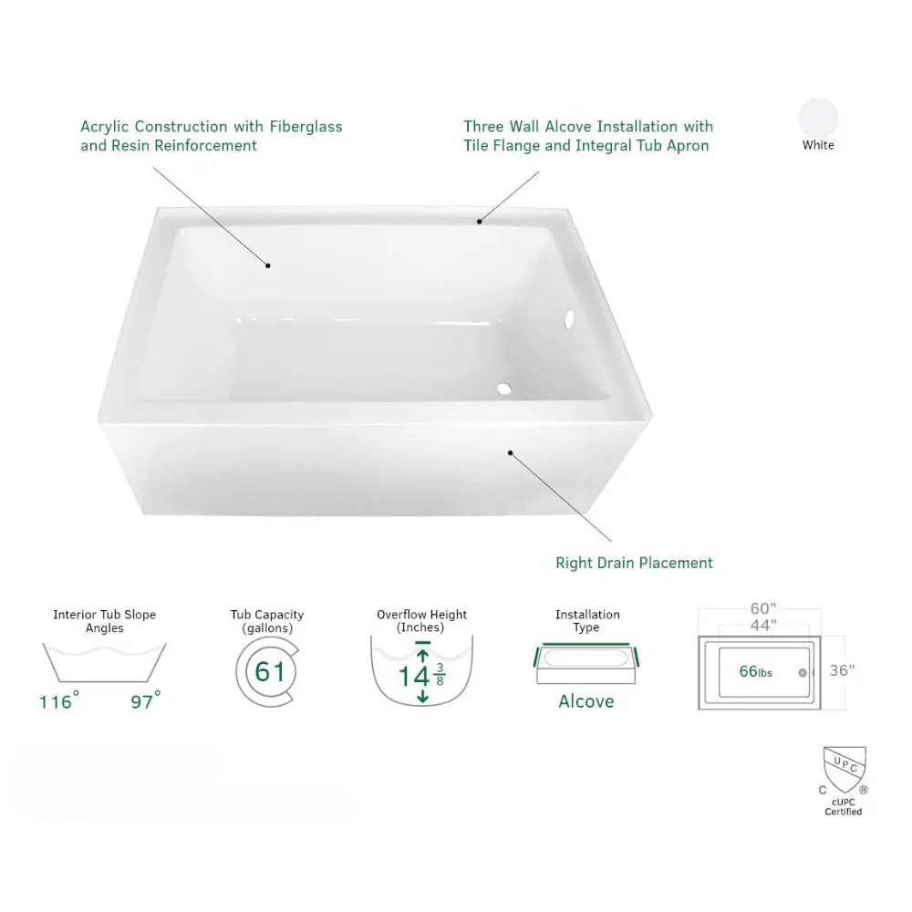 60-Inch Acrylic Alcove Tub with Right Hand Drain,Acrylic construction with fiberglass and resin reinforcement,White 3