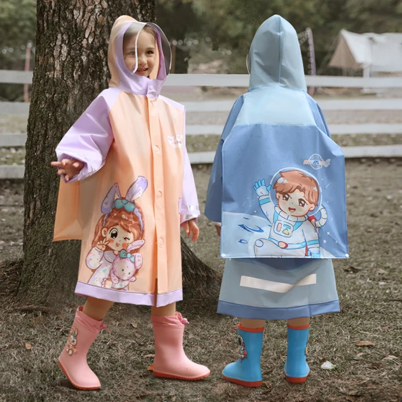 

Cartoon Kids Raincoat Ponchos Thicken Rain Jacket with Snap Button Zipper Children Rainwear with Large Brim Students Rain Suit