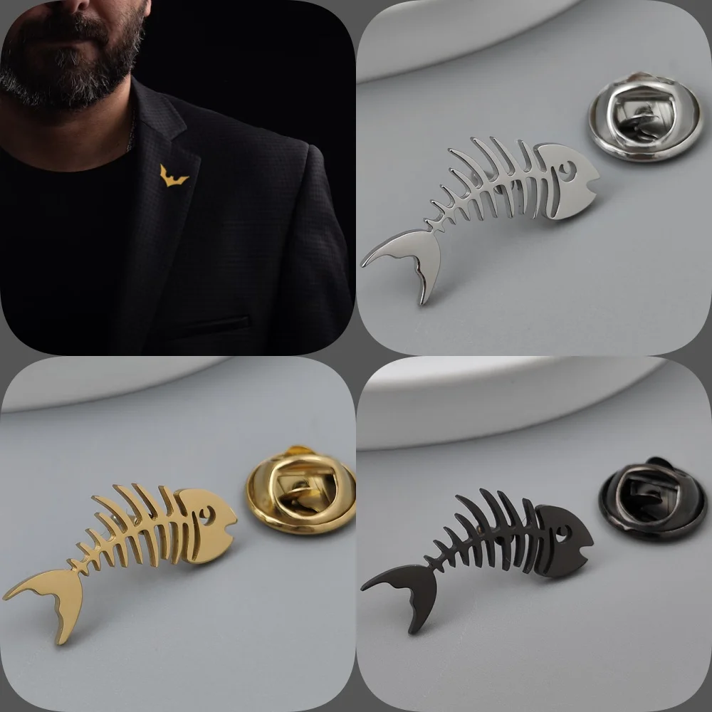 Creative fish bone gold-plated badge, men's collar brooch black, silver ...