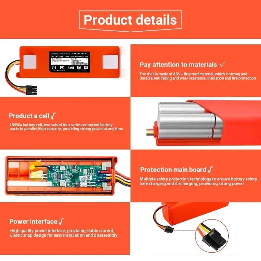 BRR-2P4S-5200S Robotic Vacuum Cleaner Replacement 14.4V  Battery，For Xiaomi Roborock S55 S60 S65 S50 S51 S5 1S 1ST MAX S6 Parts 3