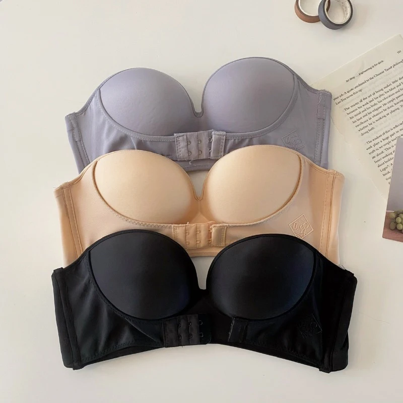 BANNIROU Strapless Front Buckle Bra For Woman Solid Soft Lingerie Wire Free Sexy Underwear Lady Push Up Strapless Bras Female
