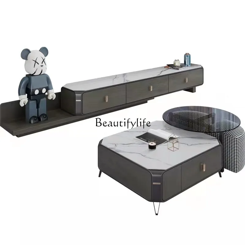 

Light Luxury Living Room Rock Plate Household Small Apartment Coffee Table Square Glass Retractable Modern New