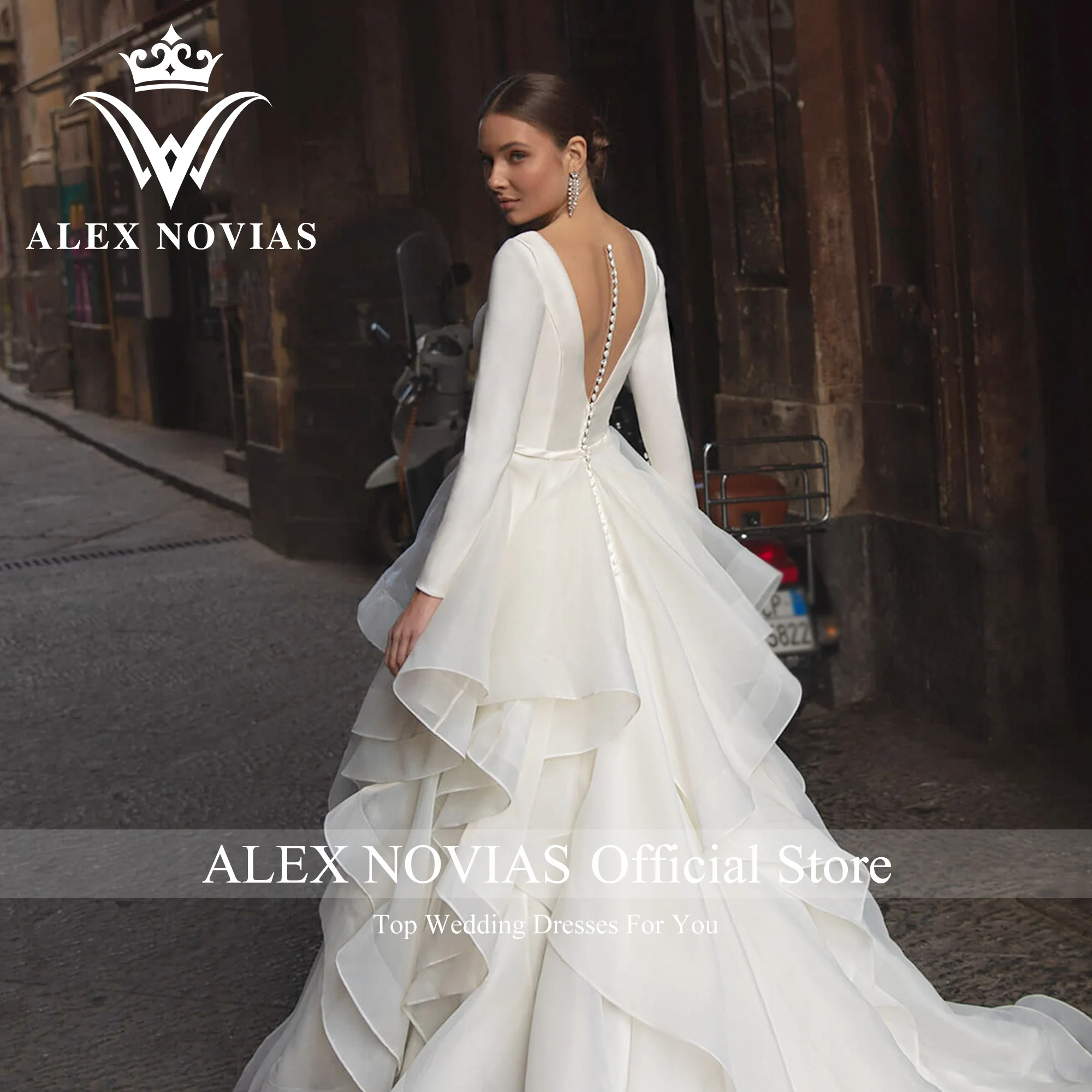 Свадебное атласное платье с длинным рукавом ALEX NOVIAS, классическое свадебное платье из органзы с V-образным вырезом и оборками, 2023
