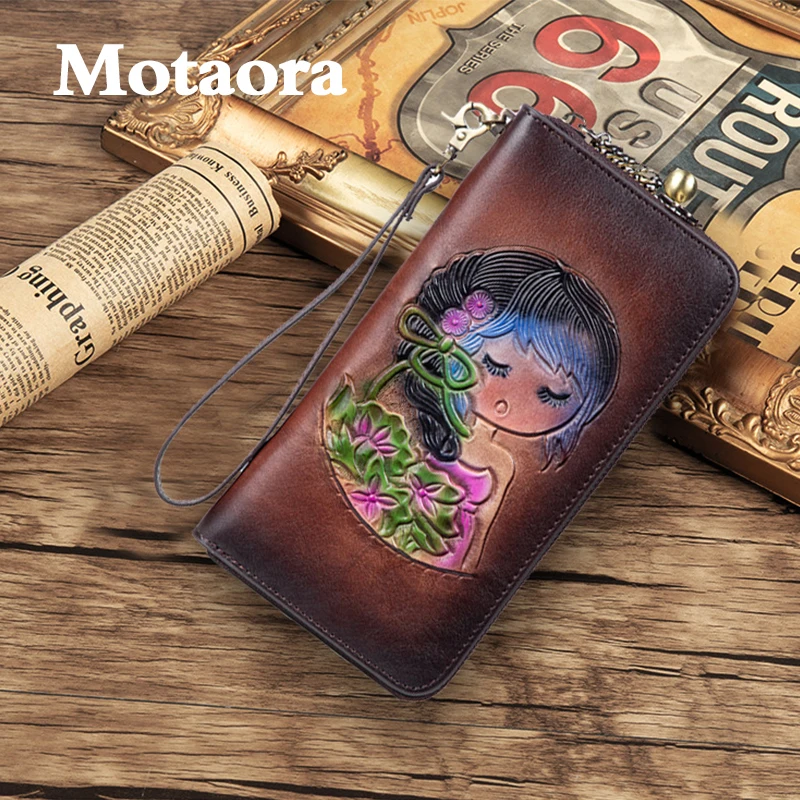 

MOTAORA Retro Women's Wallets Cartoon Embossed Leather Wallets Woman's Card Holder Vintage Cowhide Long Purse Card Bag For Cash