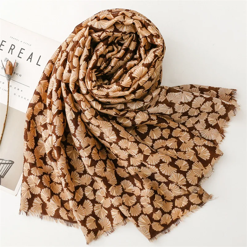 Mode Winter Polka Ginkgo Floral Fringe Viskose Schals Schal Dame Hohe Qualität Druck Weiche Pashmina Stola Moslemisches Hijab 180*90 cm – Detail 4