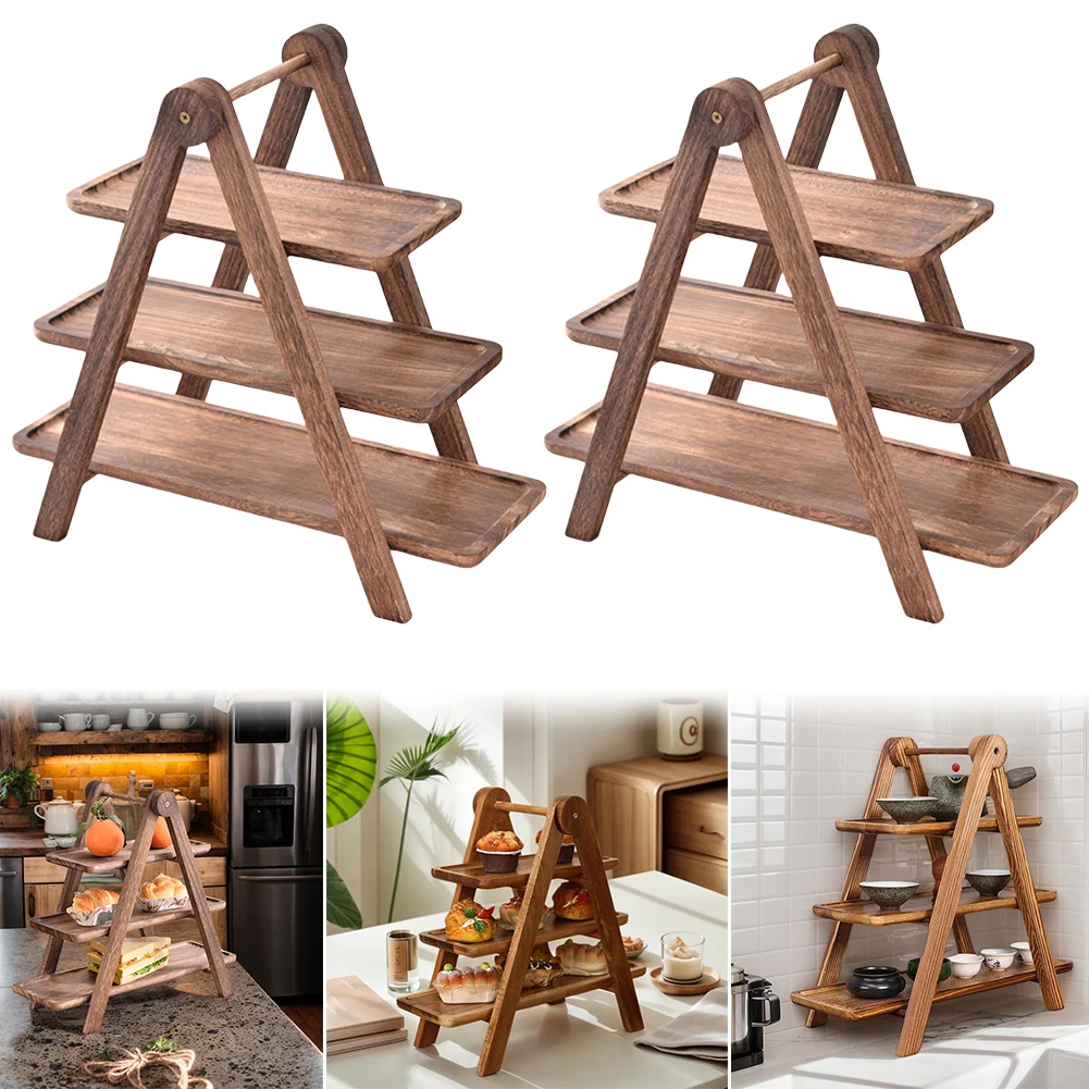 Wooden Serving Platter 3 Tier Serving Tray Multi-Function Rectangular Serving Stand Foldable Food Serving Rack for Wedding Party