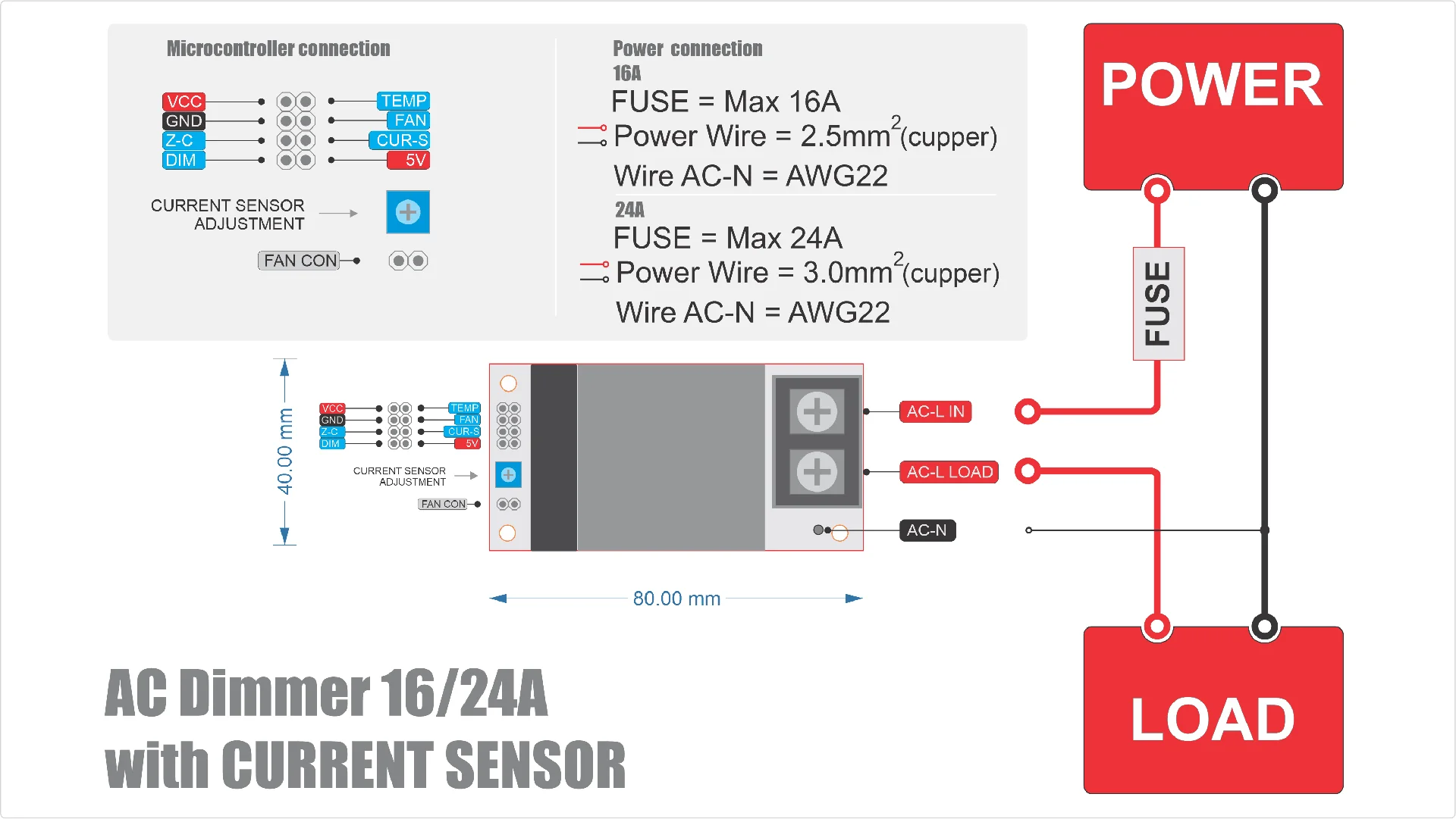 16A/24A 600V 고부하용 디머 AC 모듈, 1채널, 3.3V/5V 로직, 전류 부하 제어 기능 포함