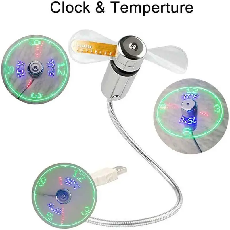 

USB Fan LED Clock Light Portable USB Fans Mini Time And Temperature Display With Gooseneck LED Light Clock Cool Gadgets Products