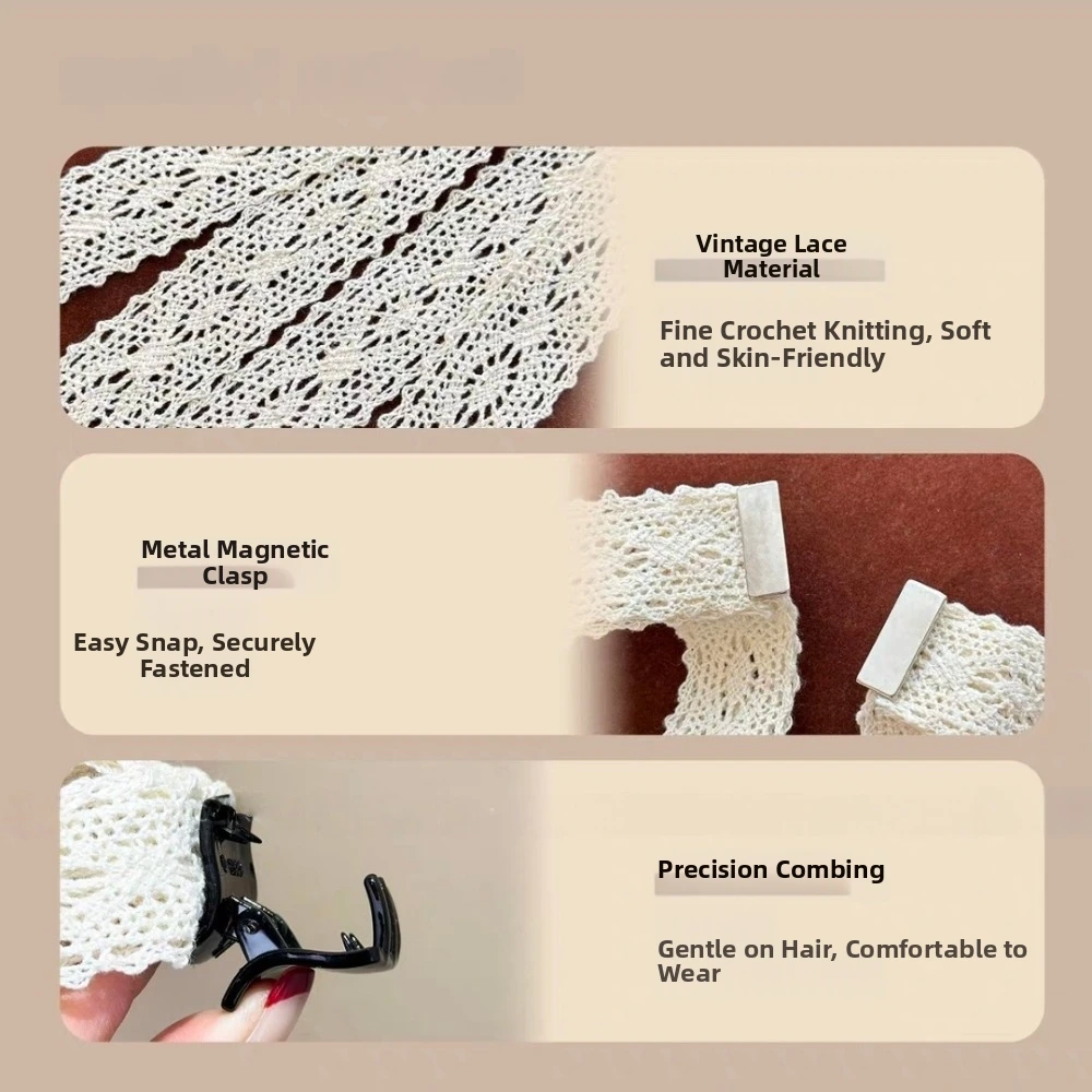 Fermagli per capelli magnetici con fiocco in pizzo, morbidi sulla pelle, stile vintage, per acconciature semi-cotte, leggeri, con nastro a nappa, accessorio per capelli per uso quotidiano e casual - immagine 5