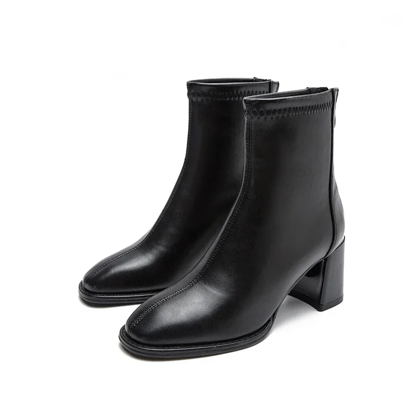 Retro Short Boots Women's 2023 Autumn and Winter New Square Toe Medium Thick Heel Net Red Zipper Thin Thin Single Boots Women