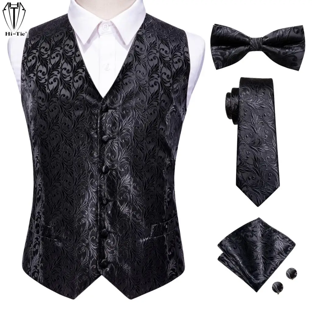 Hi-Tie Black Floral Silk Mens Vest Tie Bowtie Hanky Cufflinks Set Jacquard Suit Dress Waistcoat Sleeveless Jacket For Male Gift