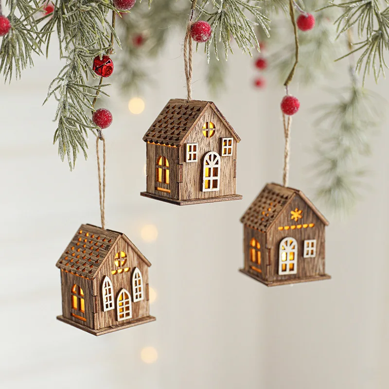 Christmas LED Light Wooden House Luminous Cabin Christmas Decorations Home Decor Night Lamp Pendant Prop Led Candle Gift