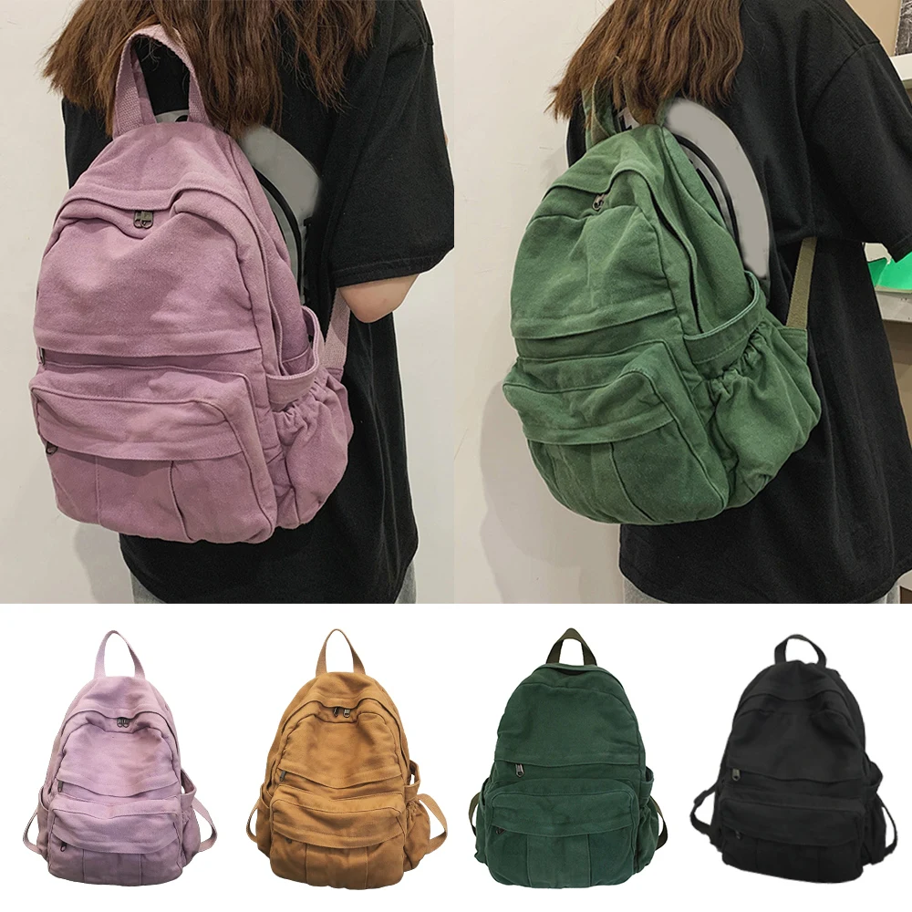 

Unisex Fashion High Capacity Casual Backpack Washed Canvas School Bag Solid Color Student Bookbag Fabric Zipper Travel Bag