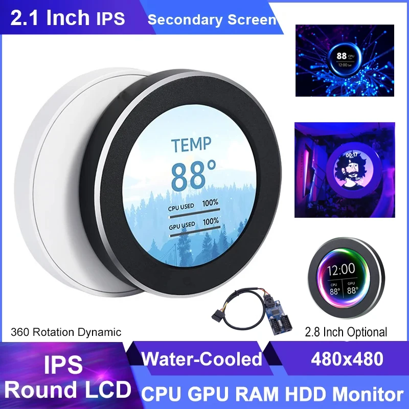 Tela Secundária Ips para pc Gamer Usb Water-cooled Lcd Redondo Cpu Gpu Ram Monitoramento de Hdd Livremente Aida64 21 Polegadas 480×480