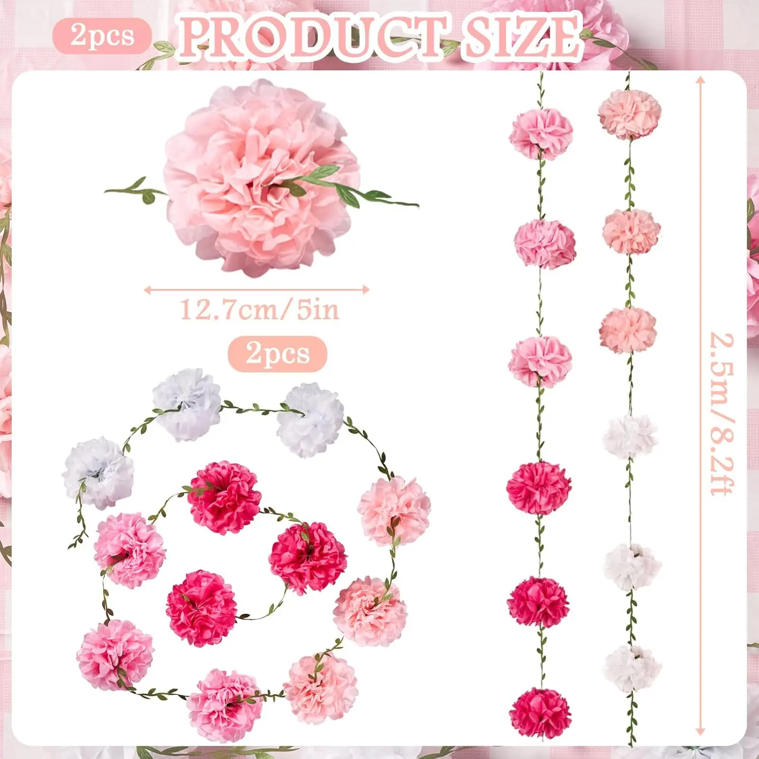 Seidenpapier Pom Pom Girlanden, Papierblumen für Geburtstagsdekorationen, Babyparty, Hochzeitsverlobung, Brautparty – Detail 10